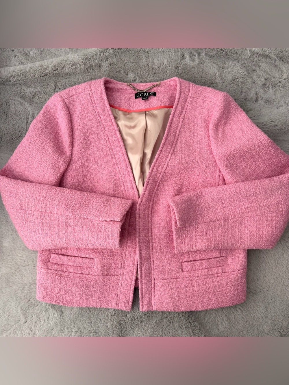 J. Crew Pink Bouclé V-Neck Open-Front Sweater Jacket